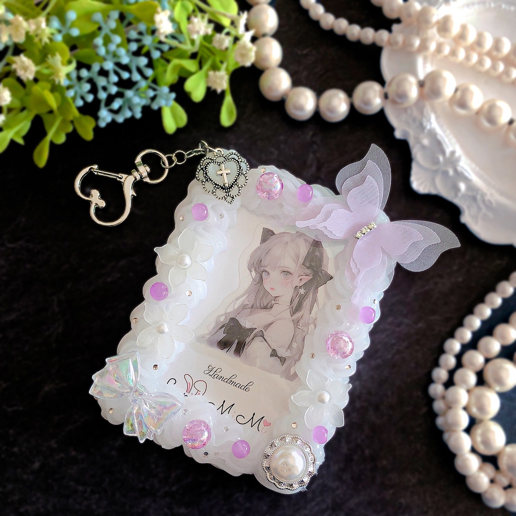 バッグチャーム ホイップデコ 硬質トレカケース パープル シルバー シフォン 上品 カード入れ チェキ ケース