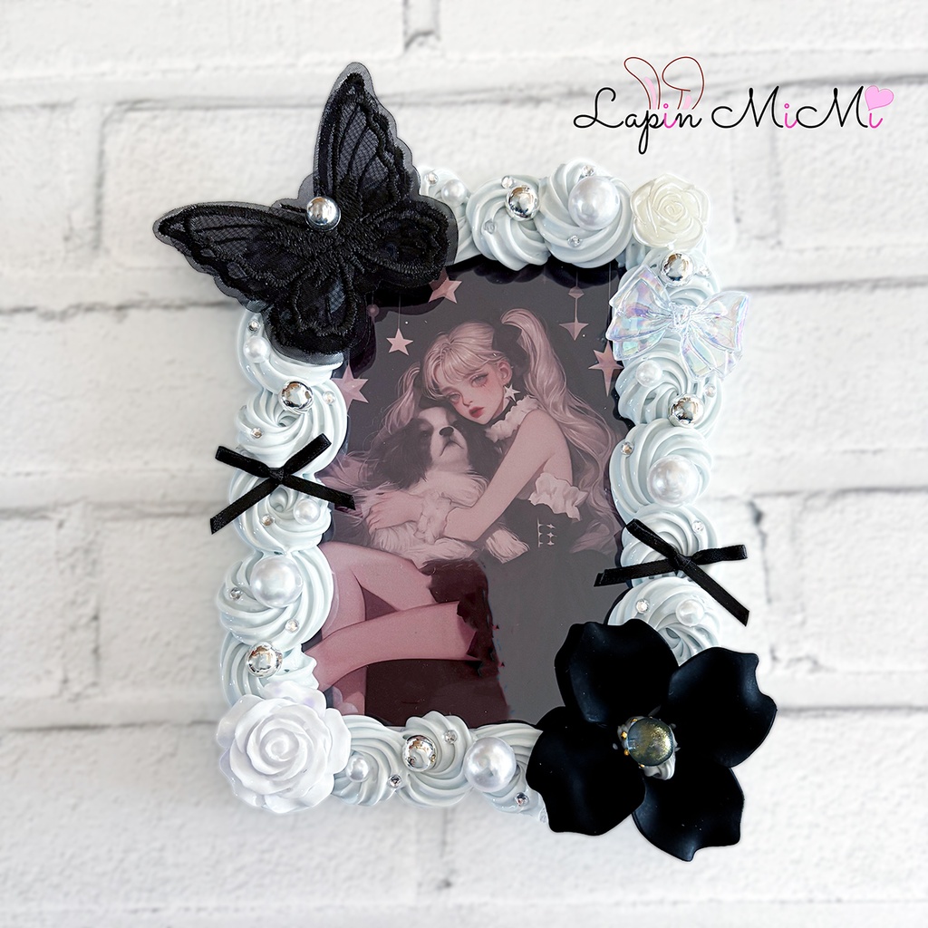 【受注製作】B7 L版 硬質トレカケース ホイップデコ くすみカラー 上品 レース 蝶 黒 ゴスロリ ゴシック カード ケース