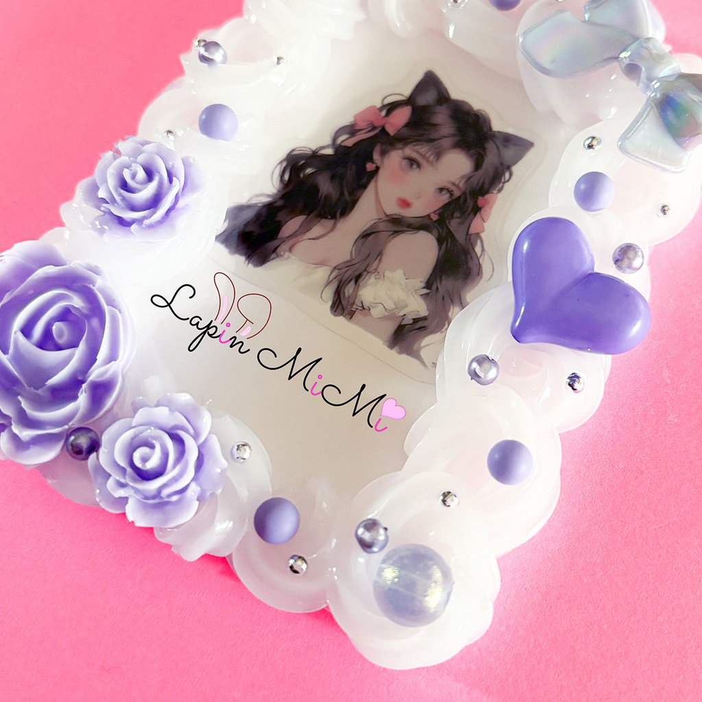 クリア ホイップデコ 硬質トレカケース チェキ リボン ハート 薔薇 パープル カード ケース