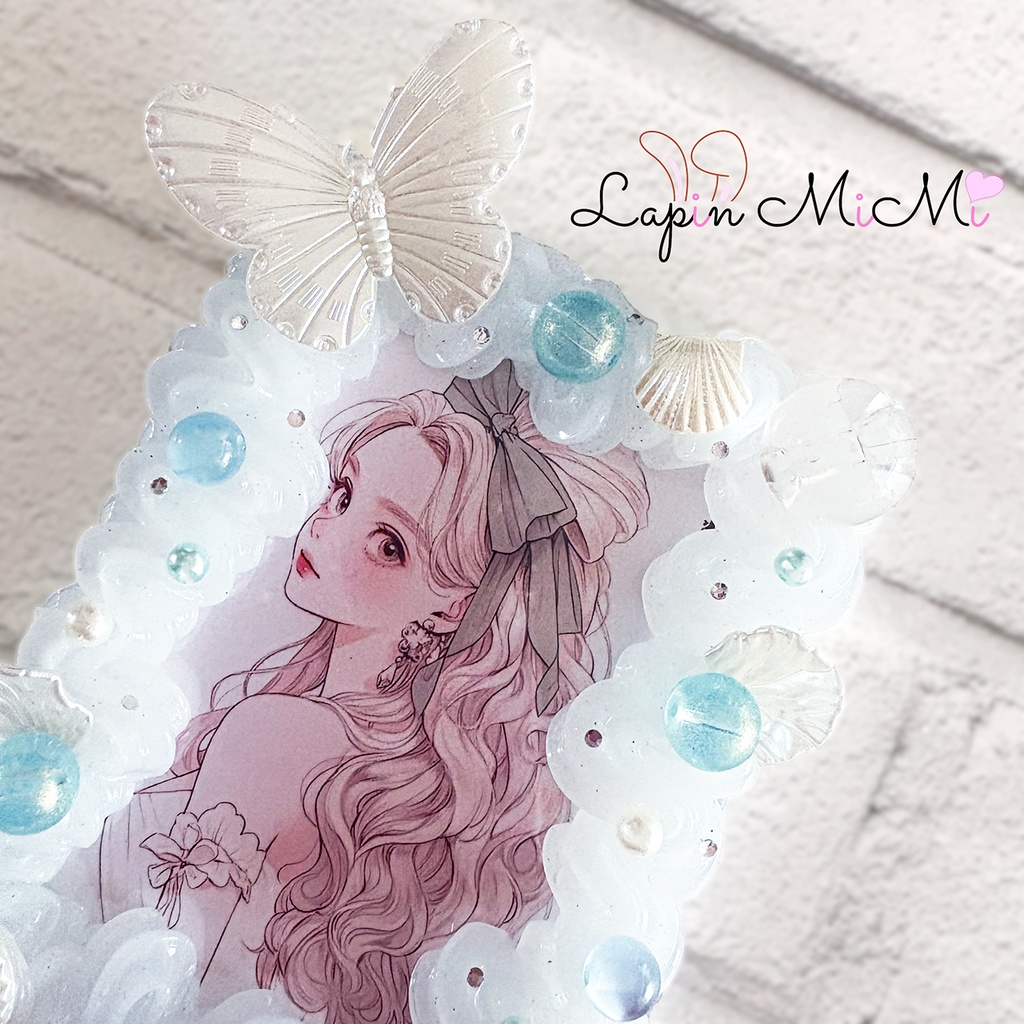 クリア ホイップデコ 硬質トレカケース チェキ 海 人魚 バブル ガラスビーズ 蝶 水色 キレイめ カード ケース チャーム取り付け可