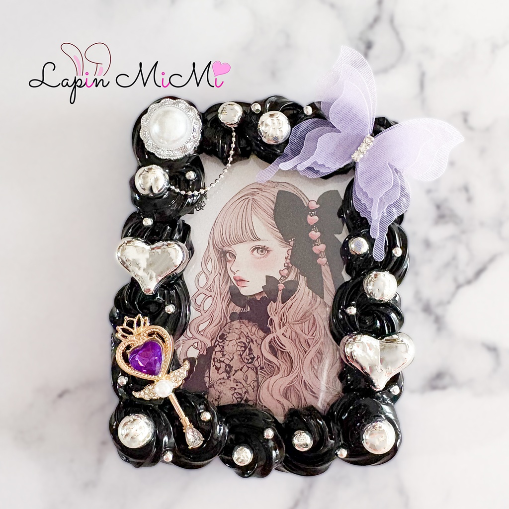 黒 ホイップデコ 硬質トレカケース シルバー パープル ハート 蝶 ゴシック チェキ カード ケース