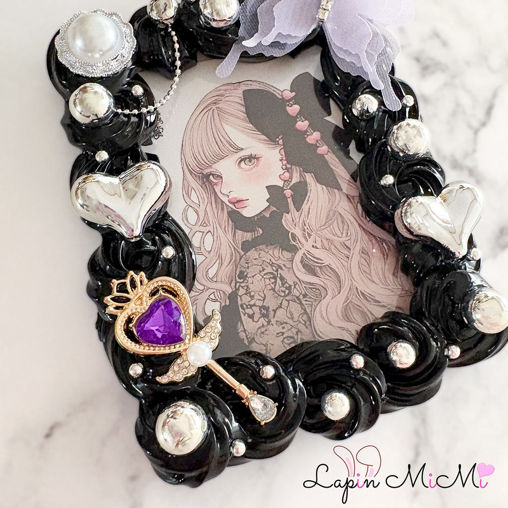 黒 ホイップデコ 硬質トレカケース シルバー パープル ハート 蝶 ゴシック チェキ カード ケース