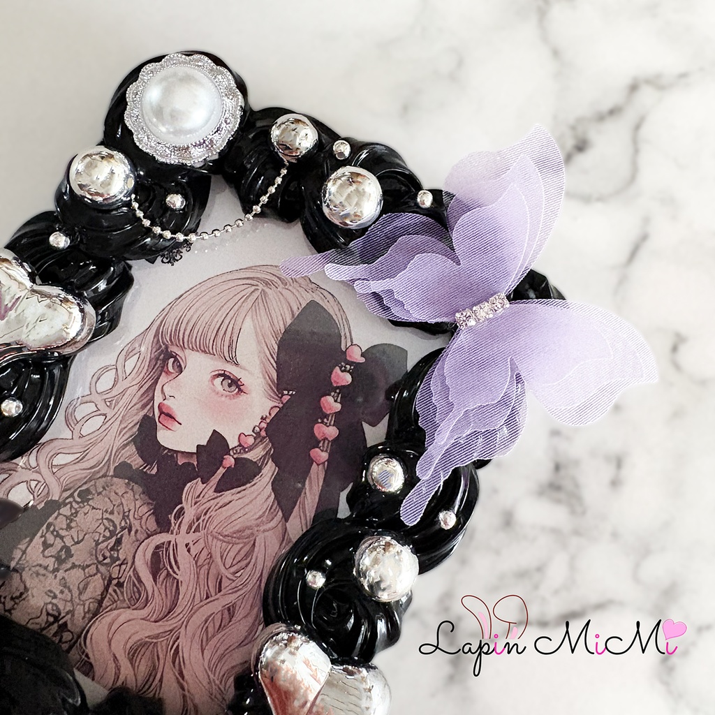 黒 ホイップデコ 硬質トレカケース シルバー パープル ハート 蝶 ゴシック チェキ カード ケース