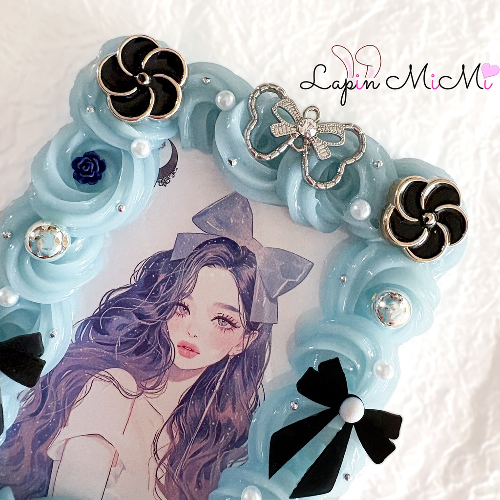 【バッグチャーム可〇】ホイップデコ 硬質トレカケース チェキ くすみカラー ブルーグレー 黒 シルバー リボン ニュアンス カード ケース