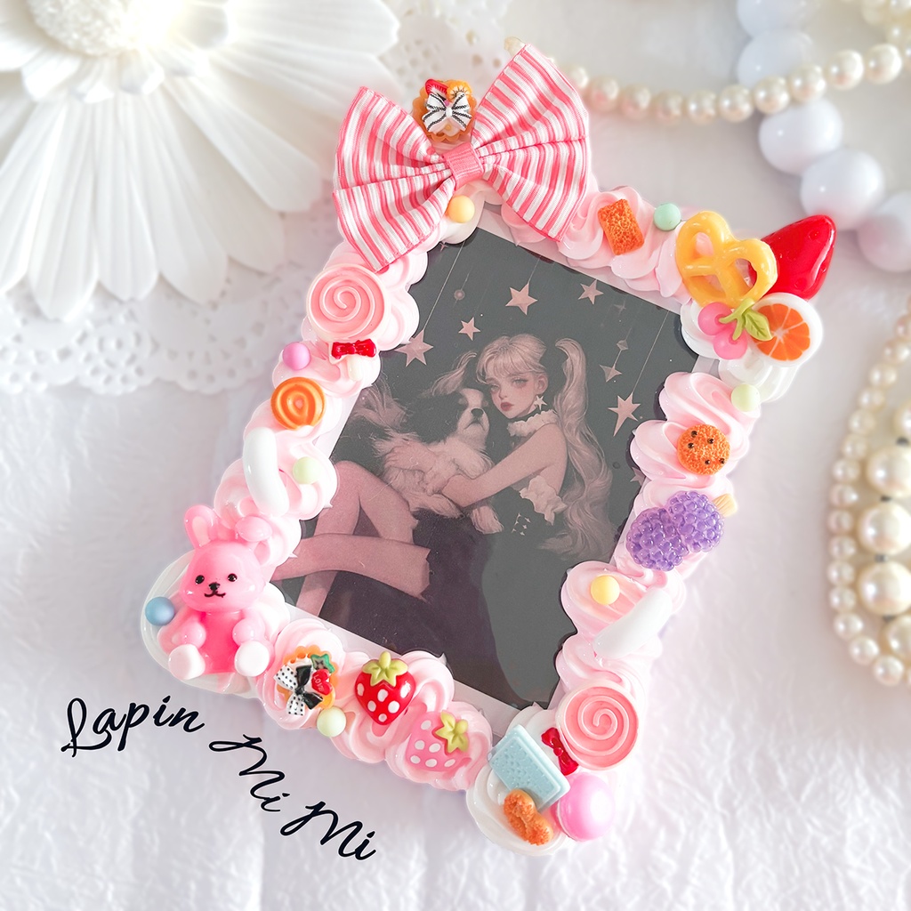 B7 L版 ホイップデコ 硬質トレカケース ハガキ うさぎ お菓子 フルーツ いちごミルク ピンク 白 カード ケース