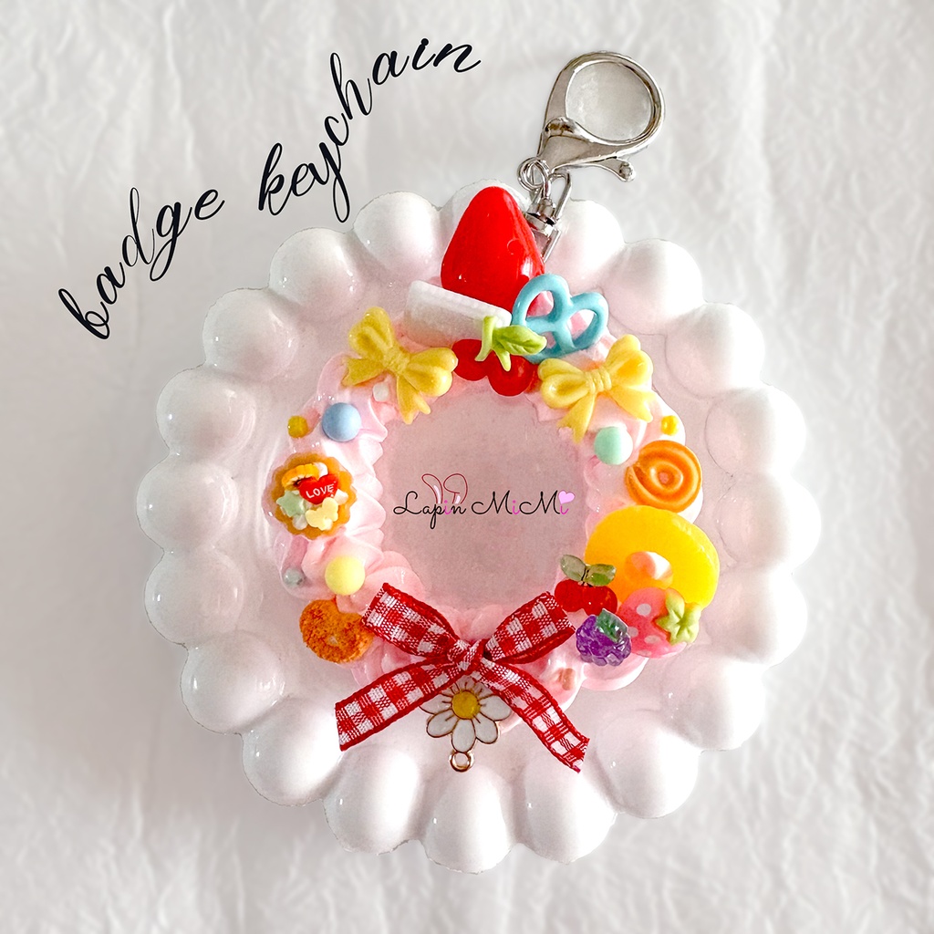 ホイップデコ 缶バッジ フルーツ ピンク いちご ケーキ風 フォトイン キーホルダー