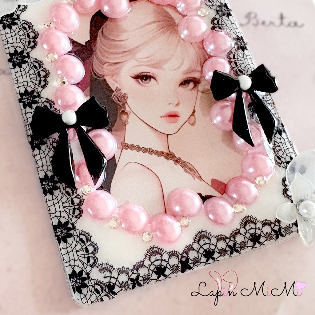 レジン 硬質トレカケース チェキ 黒 レース リボン 花 パール カード チェキ ケース