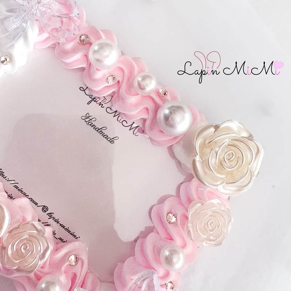 ★受注製作★【縦横デザイン】ホイップデコ 硬質トレカケース ピンク 白 リボン 薔薇 チェキ カード ケース