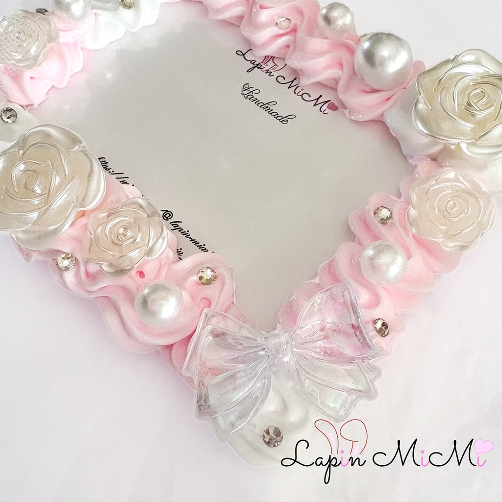 ★受注製作★【縦横デザイン】ホイップデコ 硬質トレカケース ピンク 白 リボン 薔薇 チェキ カード ケース