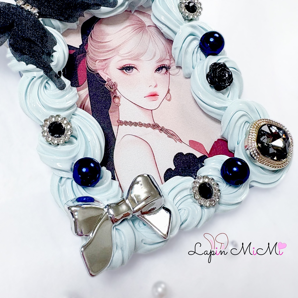 くすみカラー ブルー ホイップデコ 硬質トレカケース シフォン 黒 蝶 シルバー リボン カード ケース