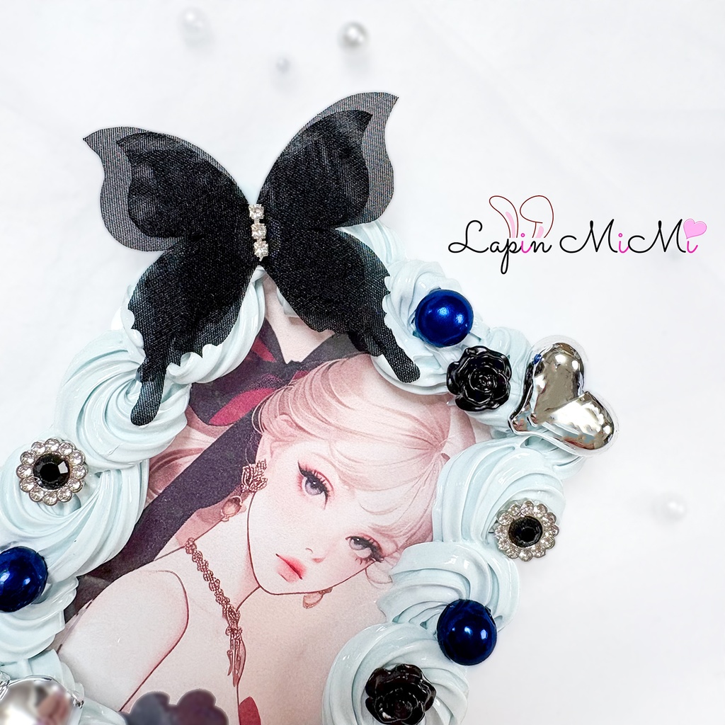 くすみカラー ブルー ホイップデコ 硬質トレカケース シフォン 黒 蝶 シルバー リボン カード ケース