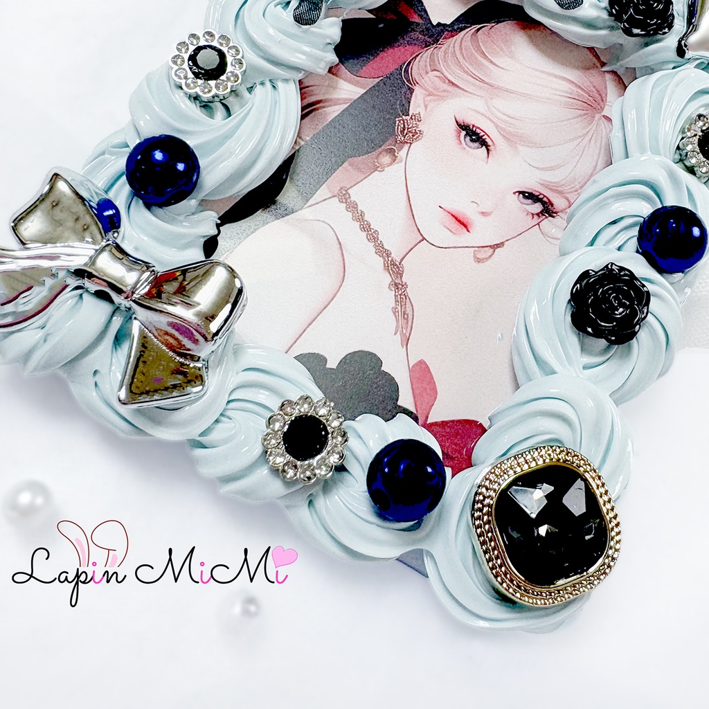 くすみカラー ブルー ホイップデコ 硬質トレカケース シフォン 黒 蝶 シルバー リボン カード ケース