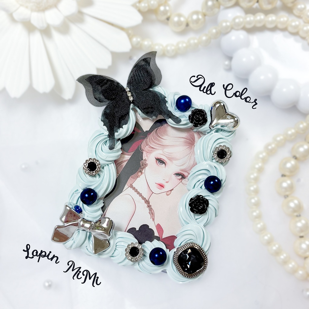 くすみカラー ブルー ホイップデコ 硬質トレカケース シフォン 黒 蝶 シルバー リボン カード ケース