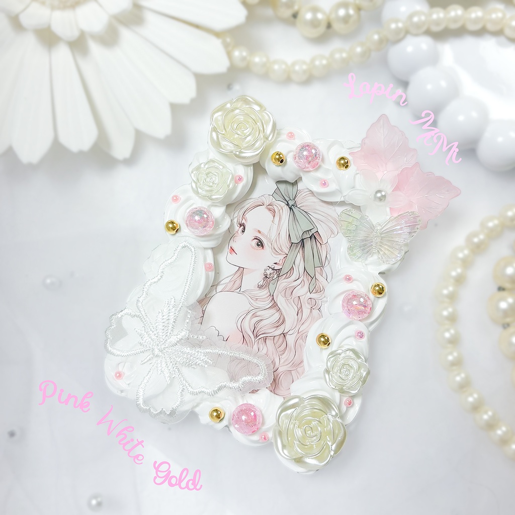 白 ホイップデコ 硬質トレカケース チェキ レース 蝶 薔薇 春 花 キレイめ カード ケース