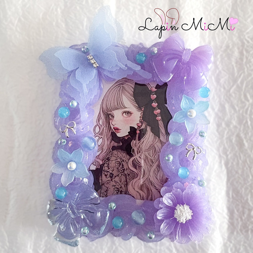 【受注製作】パープル クリア ラメ ホイップデコ B8 硬質トレカケース ふんわり シフォン 蝶 花 リボン カード ケース