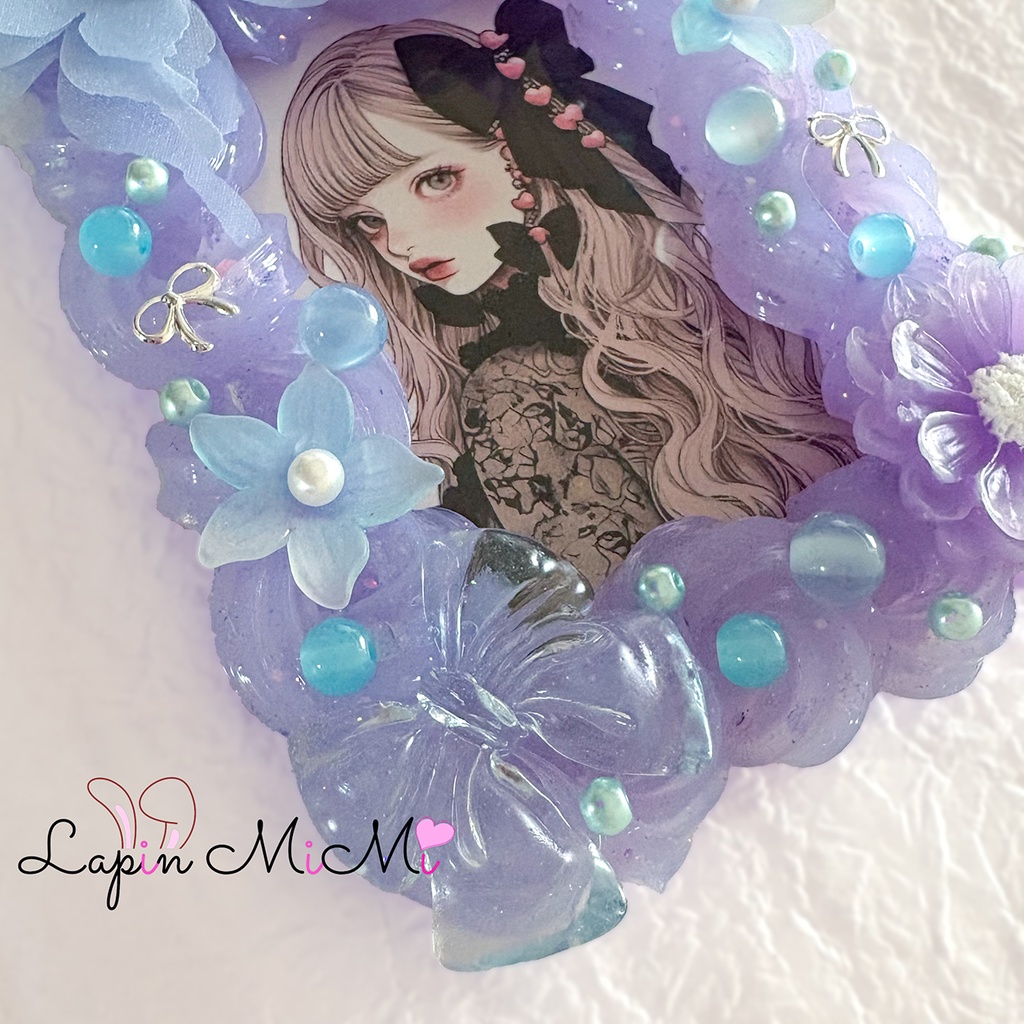 【受注製作】パープル クリア ラメ ホイップデコ B8 硬質トレカケース ふんわり シフォン 蝶 花 リボン カード ケース