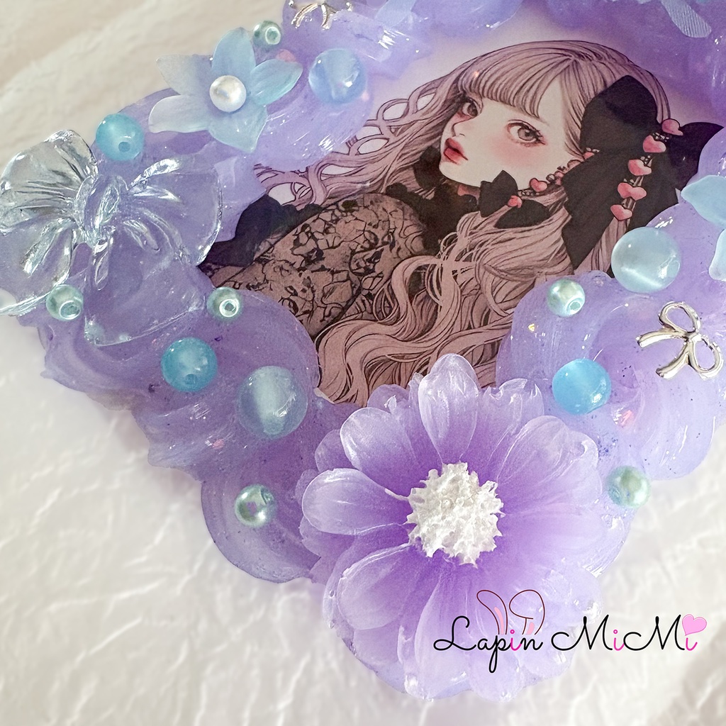 【受注製作】パープル クリア ラメ ホイップデコ B8 硬質トレカケース ふんわり シフォン 蝶 花 リボン カード ケース