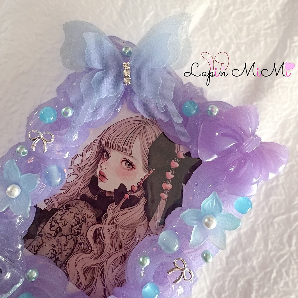 【受注製作】パープル クリア ラメ ホイップデコ B8 硬質トレカケース ふんわり シフォン 蝶 花 リボン カード ケース