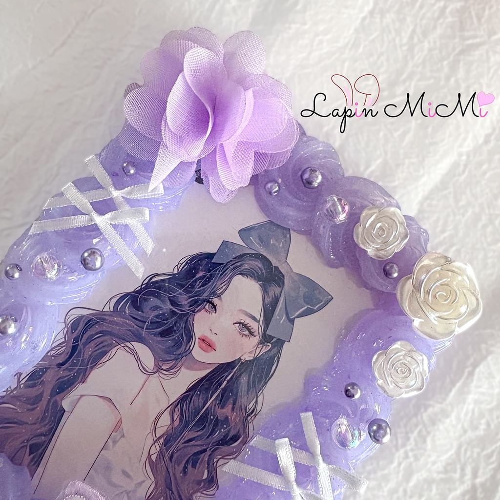 【B7】大判 パープル ラメ 硬質トレカケース ポストカード ふんわり シフォン 花 リボン 大判 カード ケース