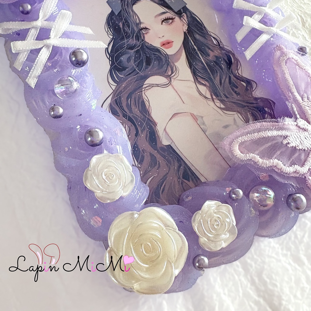 【B7】大判 パープル ラメ 硬質トレカケース ポストカード ふんわり シフォン 花 リボン 大判 カード ケース