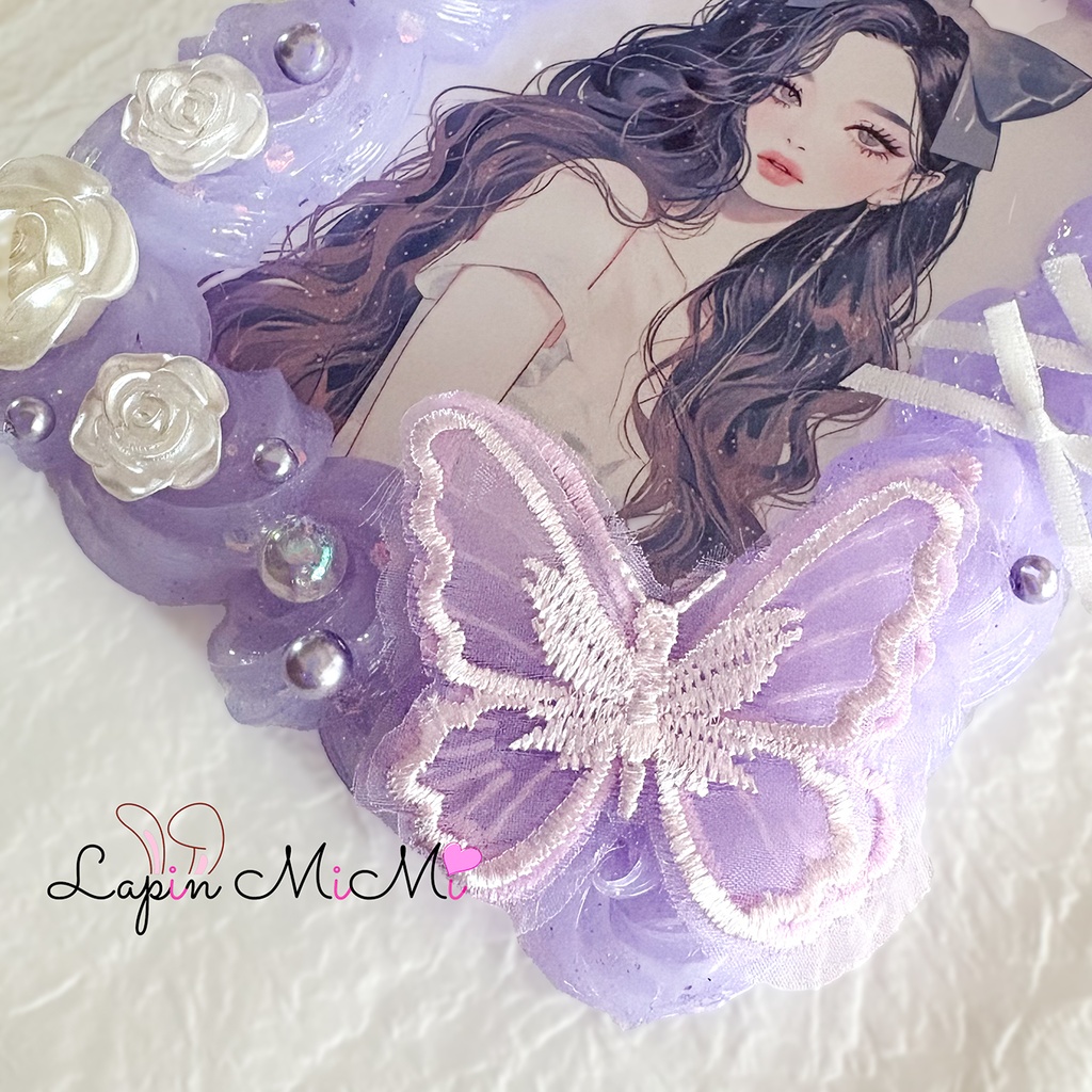 【B7】大判 パープル ラメ 硬質トレカケース ポストカード ふんわり シフォン 花 リボン 大判 カード ケース