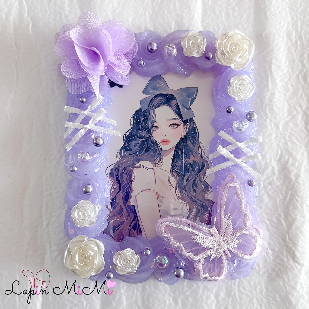 【B7】大判 パープル ラメ 硬質トレカケース ポストカード ふんわり シフォン 花 リボン 大判 カード ケース