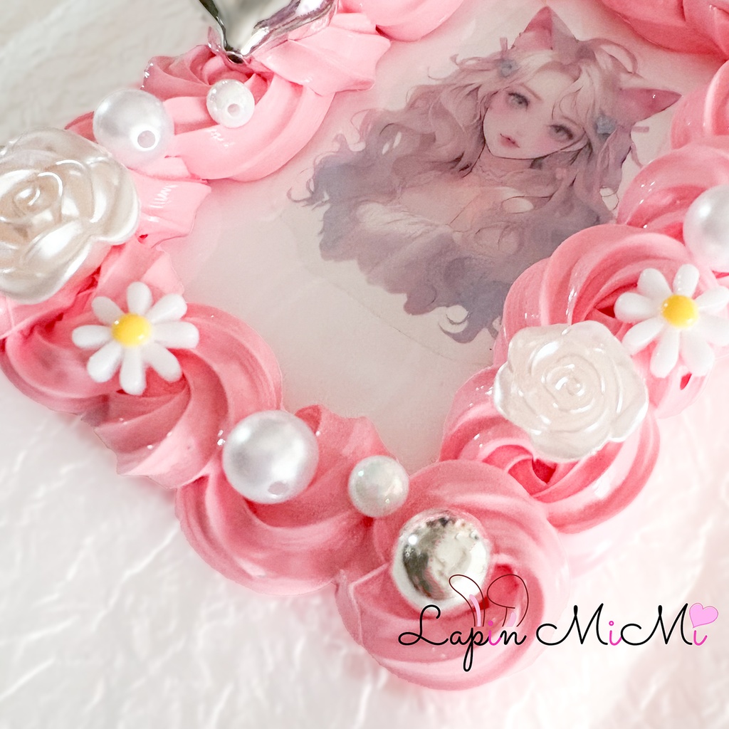 【受注製作】くすみピンク ホイップデコ 硬質トレカケース シルバー 花 リボン チェキ カード ケース