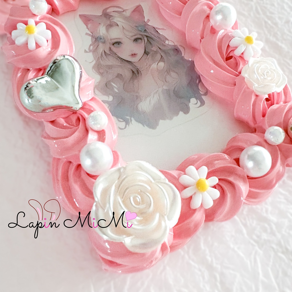 【受注製作】くすみピンク ホイップデコ 硬質トレカケース シルバー 花 リボン チェキ カード ケース