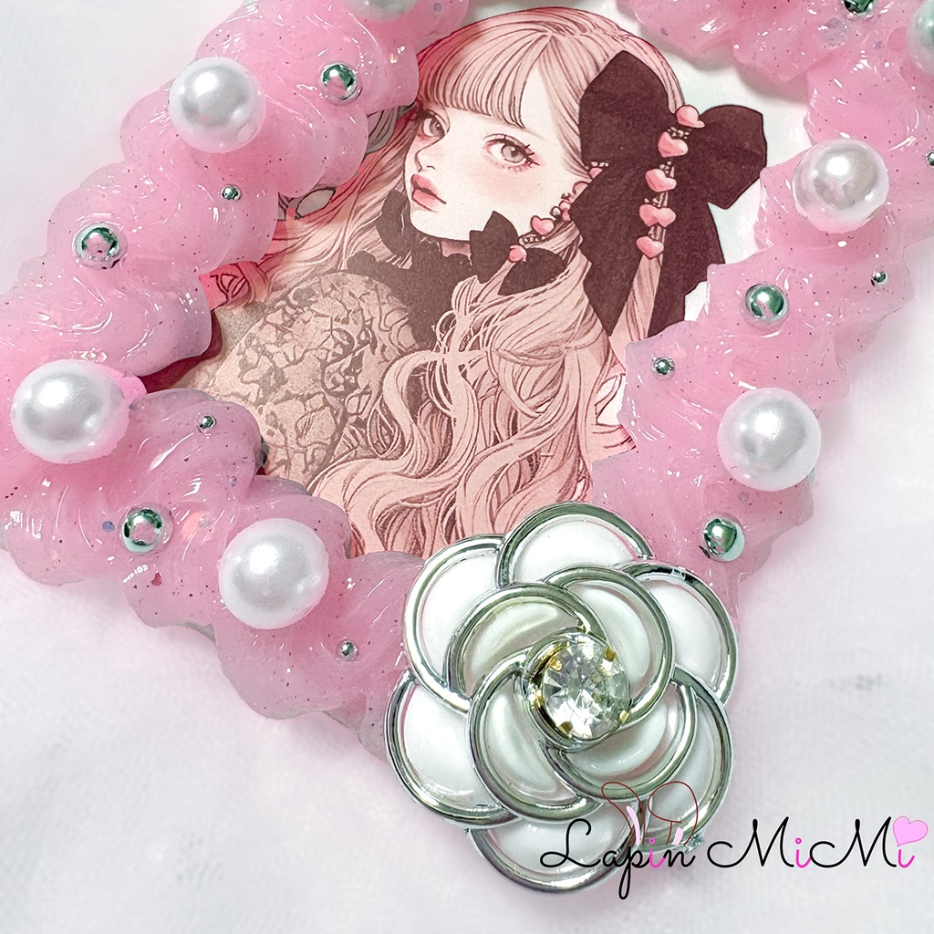 ピンク ラメ クリア ホイップデコ 硬質トレカケース 白 薔薇 カボション パール カード ケース