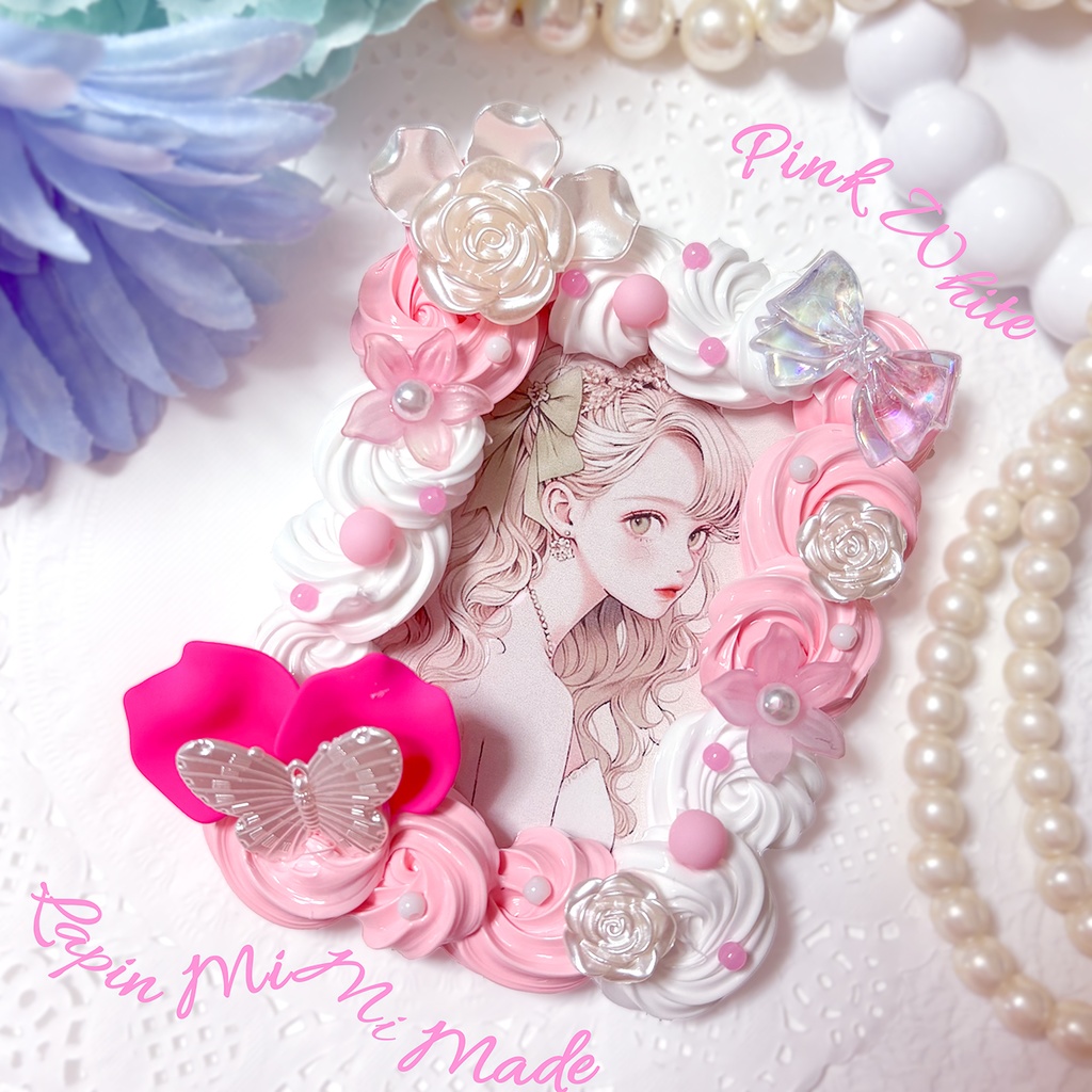 ピンク 白 ホイップデコ 硬質トレカケース 蝶 薔薇 リボン 花 大人可愛い カード ケース