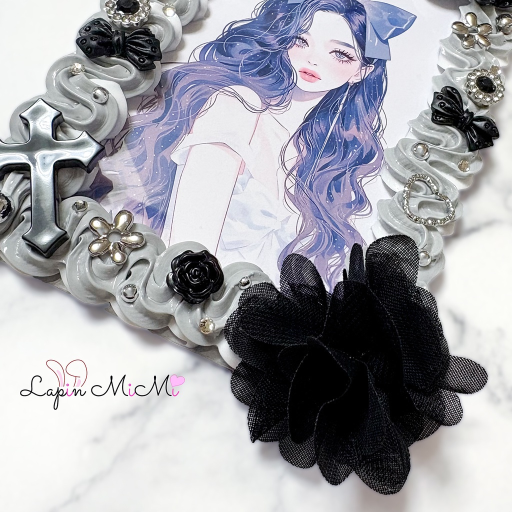 【B7】大判 L版 グレー 白 ホイップデコ 硬質トレカケース ポストカード シフォン 蝶 花 シルバー ケース