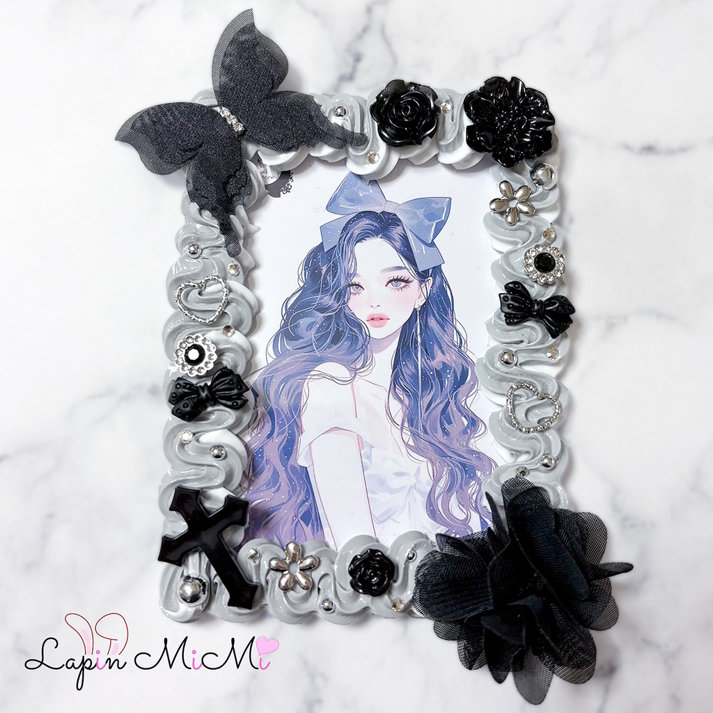 【B7】大判 L版 グレー 白 ホイップデコ 硬質トレカケース ポストカード シフォン 蝶 花 シルバー ケース