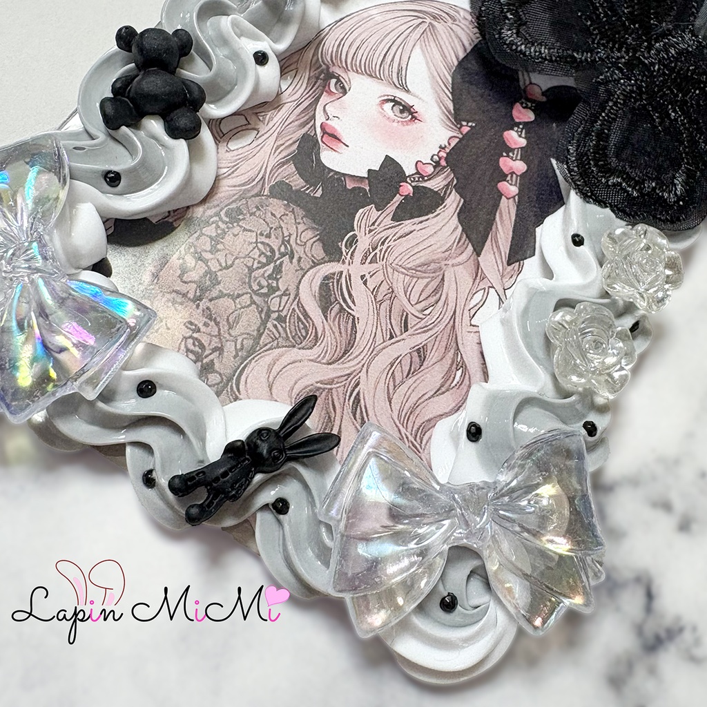 グレー 白 ホイップデコ 硬質トレカケース 黒 レース 蝶 ゴシック調 クリア リボン チェキ カード ケース