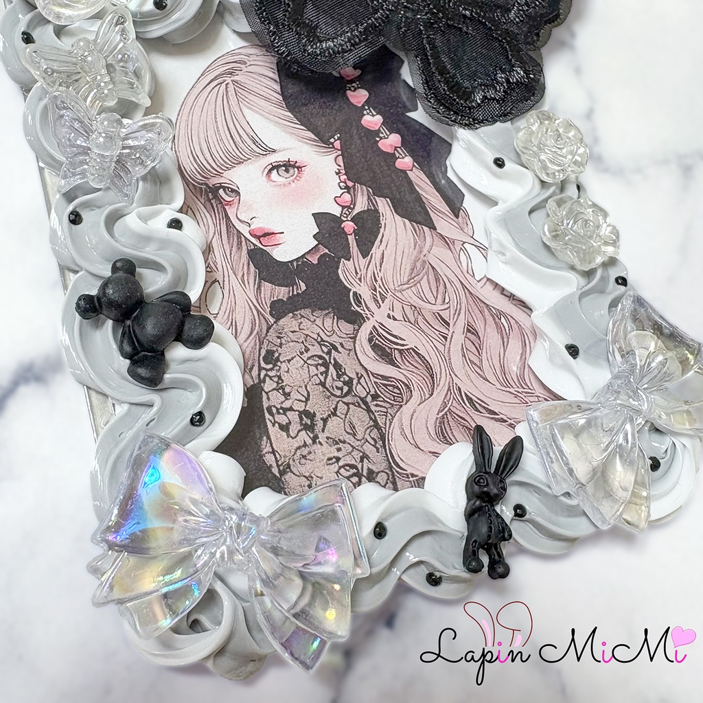 グレー 白 ホイップデコ 硬質トレカケース 黒 レース 蝶 ゴシック調 クリア リボン チェキ カード ケース