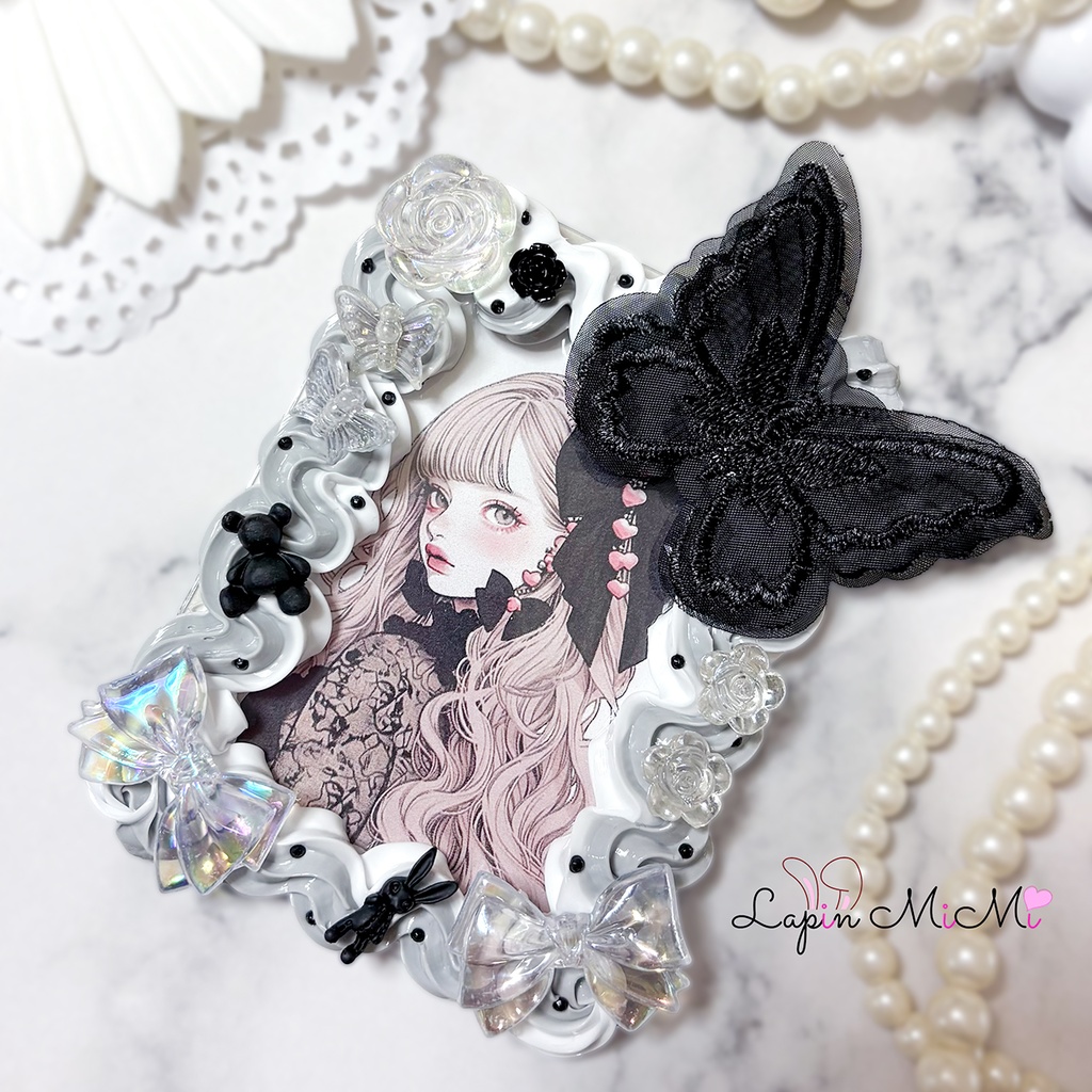 グレー 白 ホイップデコ 硬質トレカケース 黒 レース 蝶 ゴシック調 クリア リボン チェキ カード ケース