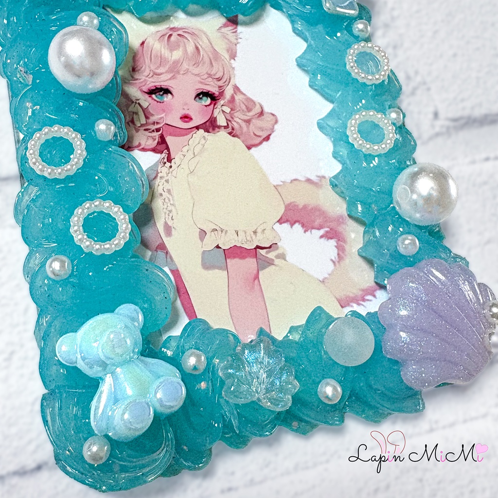 水色 クリア ホイップデコ 硬質トレカケース リボン 海 くま ビーズ ゆめかわ ケース