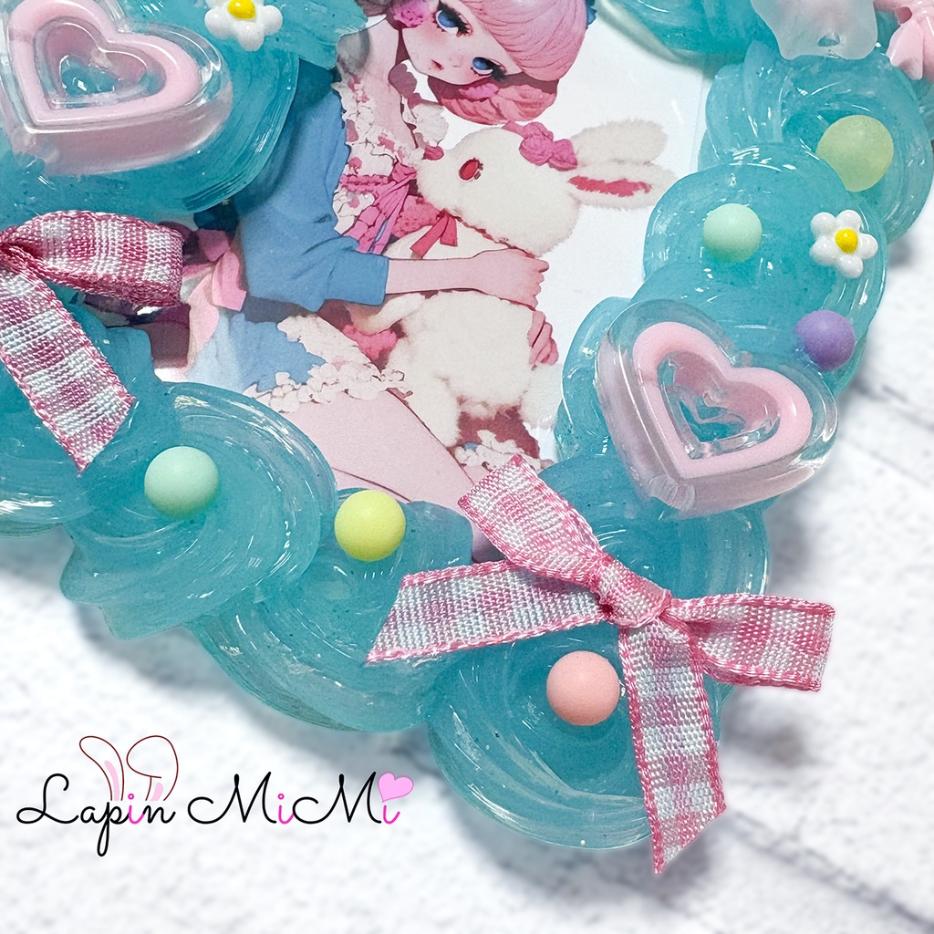 水色 クリア ホイップデコ 硬質トレカケース ゆめかわ チェック リボン ハート ケース