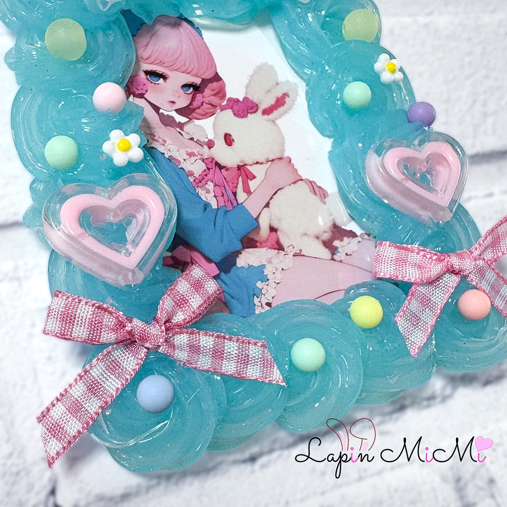 水色 クリア ホイップデコ 硬質トレカケース ゆめかわ チェック リボン ハート ケース