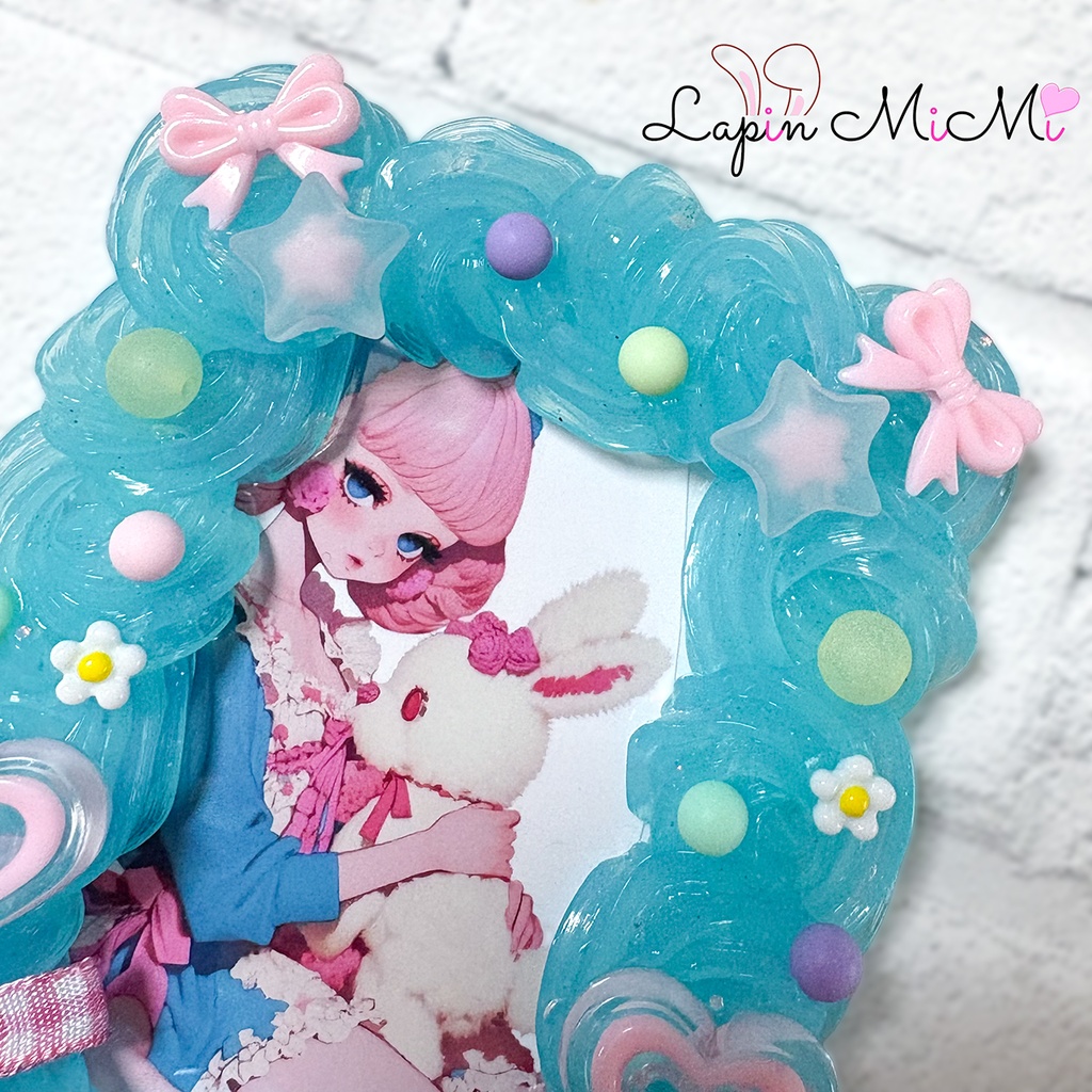 水色 クリア ホイップデコ 硬質トレカケース ゆめかわ チェック リボン ハート ケース