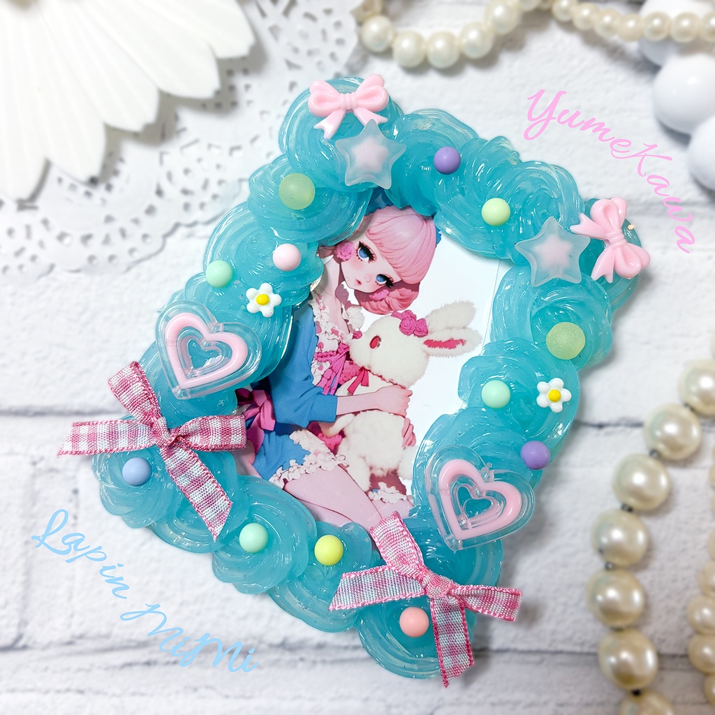 水色 クリア ホイップデコ 硬質トレカケース ゆめかわ チェック リボン ハート ケース