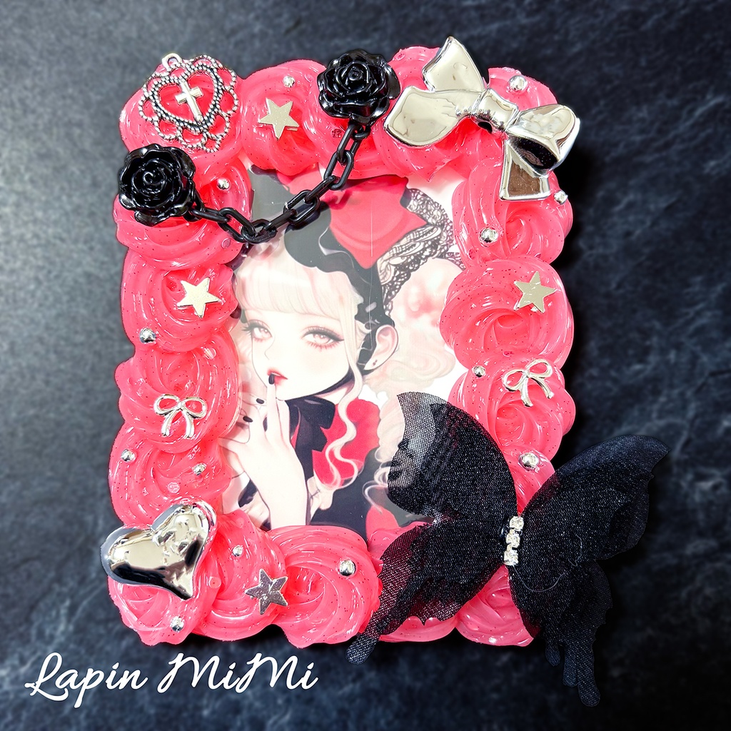 赤 ホイップデコ 黒 シルバー チェーン シフォン 蝶 ゴシック ゴスロリ チェキ ケース