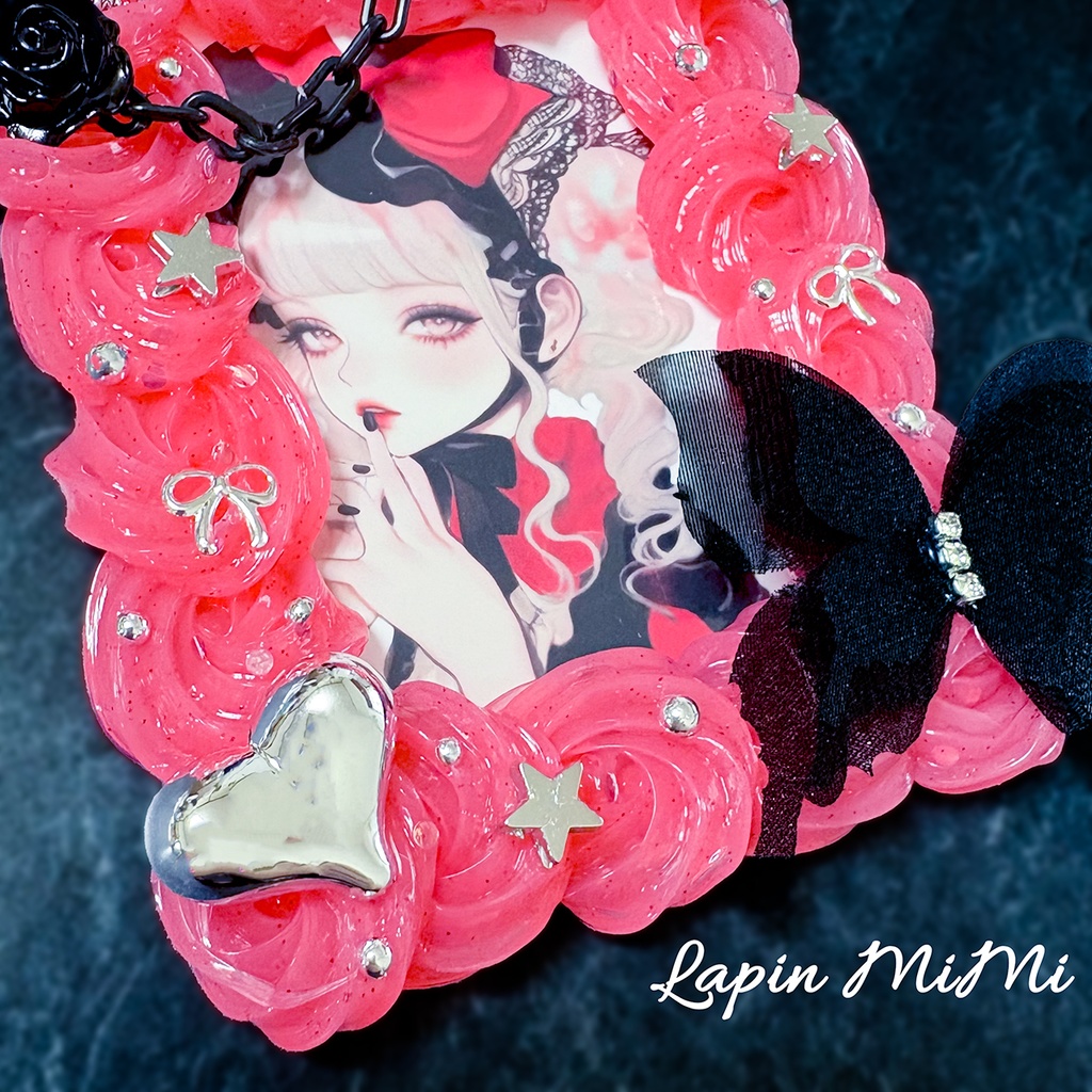 赤 ホイップデコ 黒 シルバー チェーン シフォン 蝶 ゴシック ゴスロリ チェキ ケース