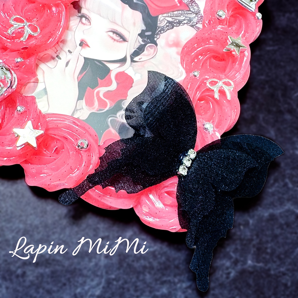 赤 ホイップデコ 黒 シルバー チェーン シフォン 蝶 ゴシック ゴスロリ チェキ ケース