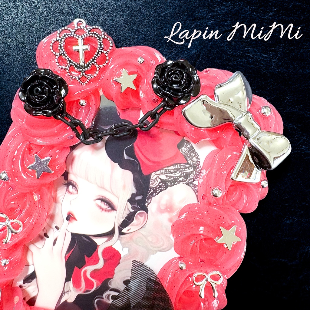 赤 ホイップデコ 黒 シルバー チェーン シフォン 蝶 ゴシック ゴスロリ チェキ ケース