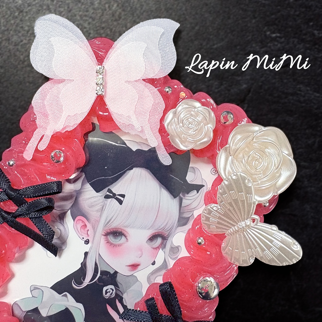 赤 クリア ラメ ホイップデコ 硬質トレカケース 白 薔薇 シフォン 蝶 ゴスロリ リボン ケース