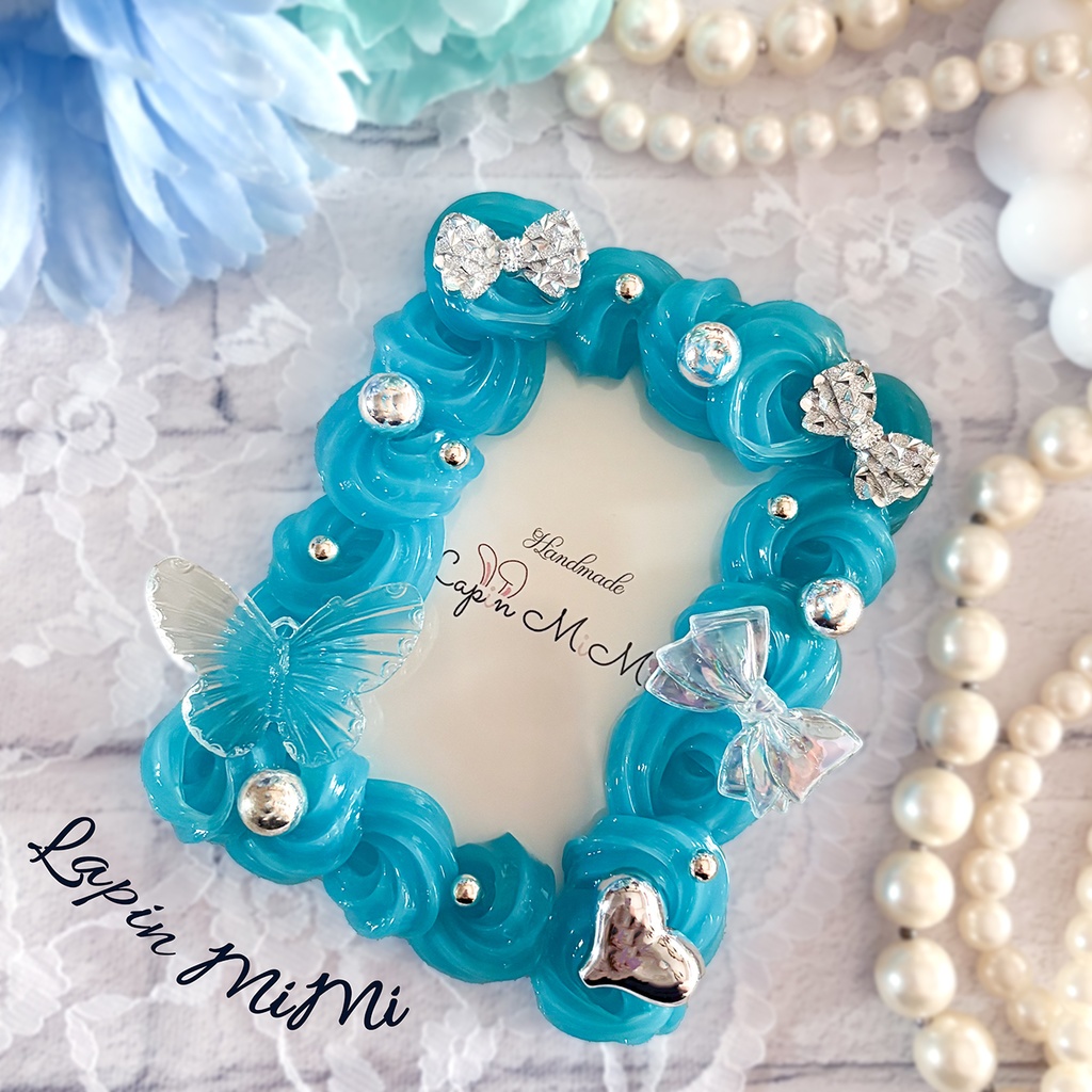 くすみ ブルー クリア ホイップデコ B8 硬質トレカケース シルバー リボン ハート きれいめ カード ケース