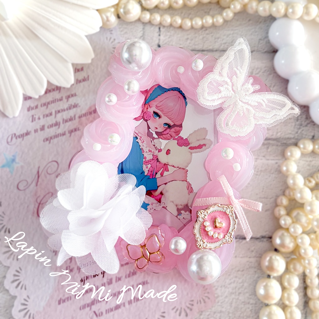 ピンク クリア ツートン ホイップデコ 硬質トレカケース B8 シフォン 白 花 レース 蝶 リボン 姫 チェキ カード ケース