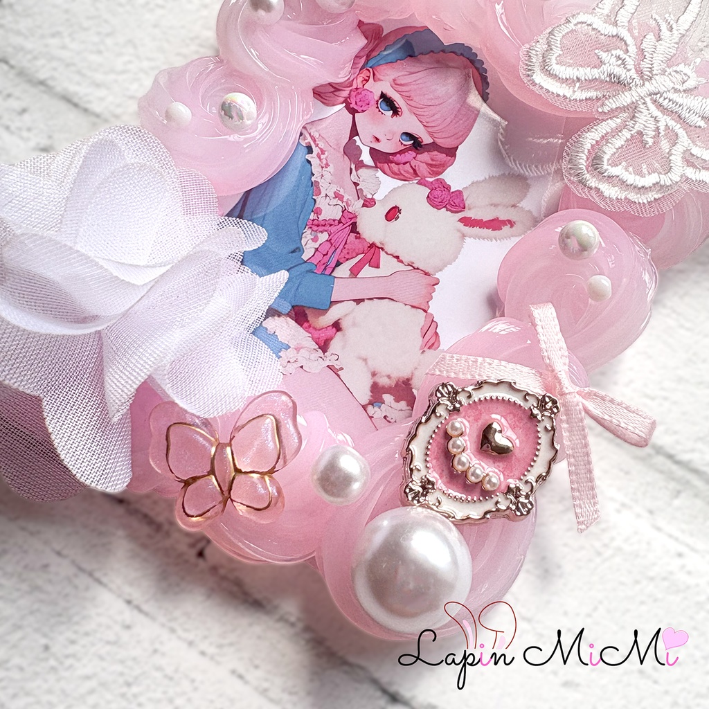 ピンク クリア ツートン ホイップデコ 硬質トレカケース B8 シフォン 白 花 レース 蝶 リボン 姫 チェキ カード ケース