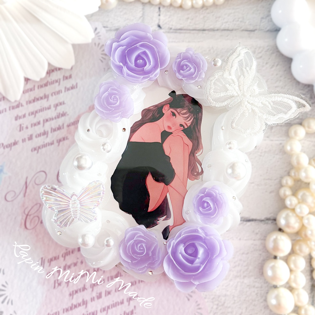 白 クリア ホイップデコ 硬質トレカケース B8 刺繍 レース 蝶 薔薇 きれいめ カード ケース チェキ