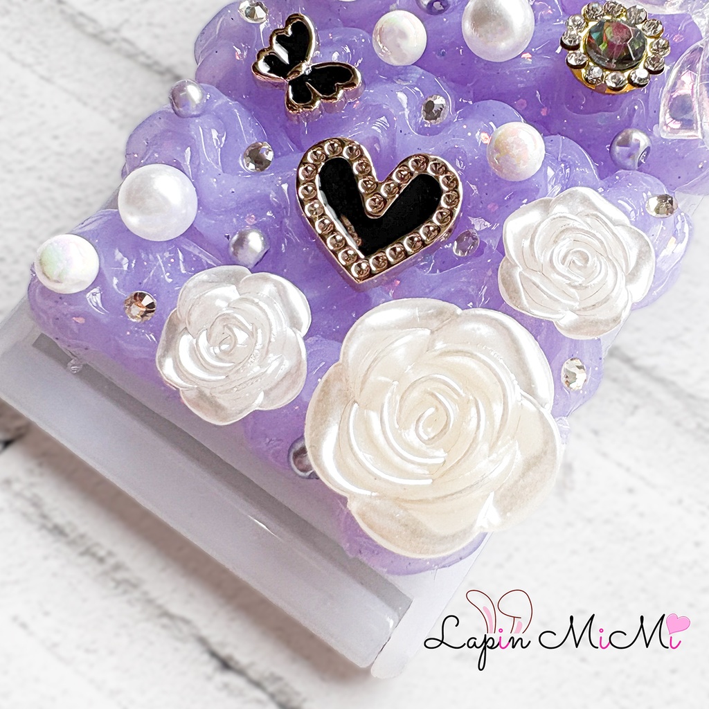 パープル ラメ入り ホイップデコ コンパクトミラー スタンドタイプ ストラップ取り付け可能 白 薔薇 きれいめ 鏡